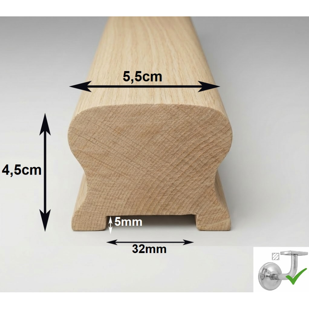Drevené madlo zábradlia 5,5x4,5cm s drážkou 32x5mm č.15