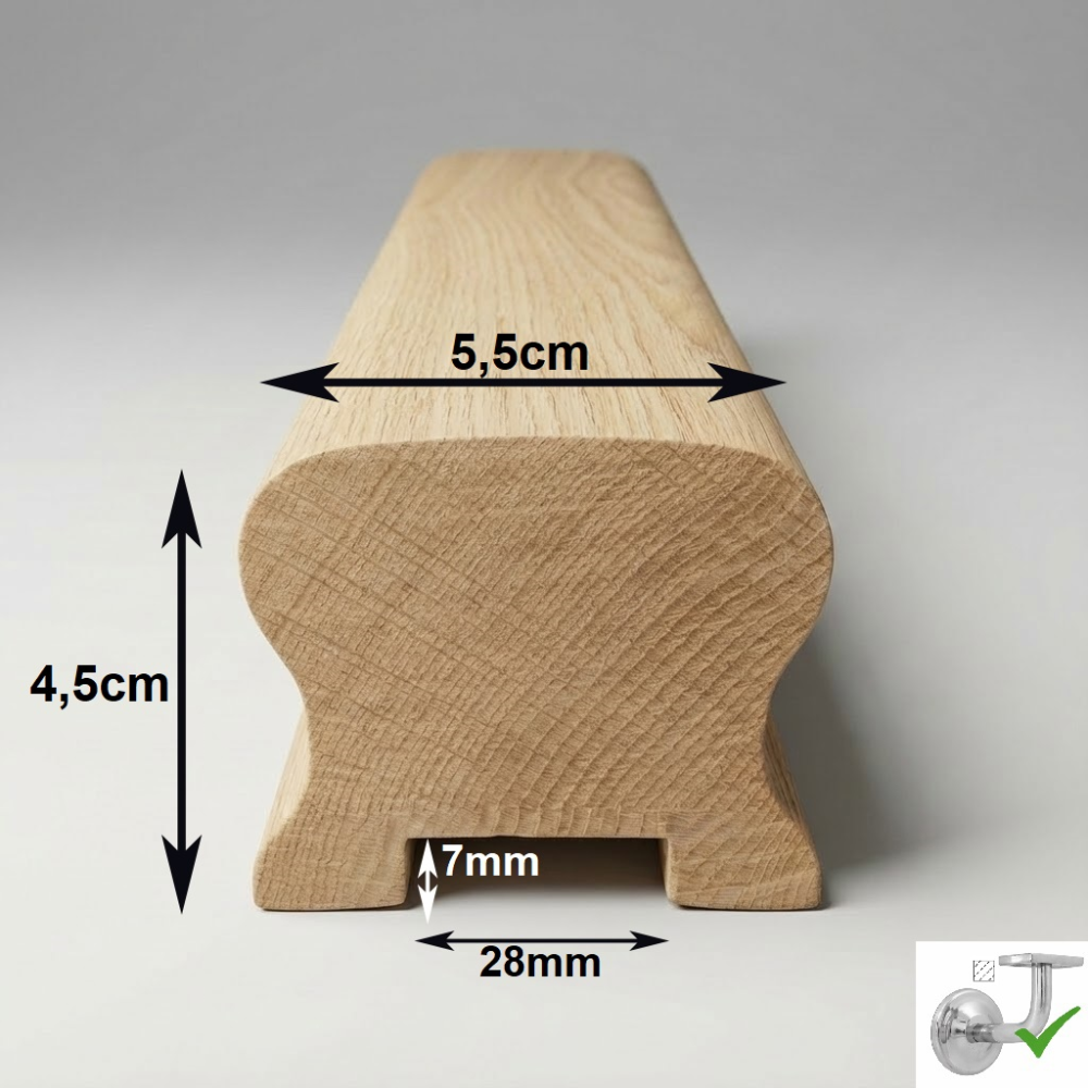 Drevené madlo zábradlia 5,5x4,5cm s drážkou 28x7mm č.16