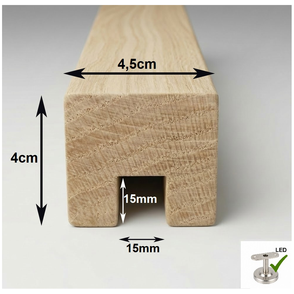 Drevené madlo zábradlia 4,5x4cm s drážkou 15x15mm č.21