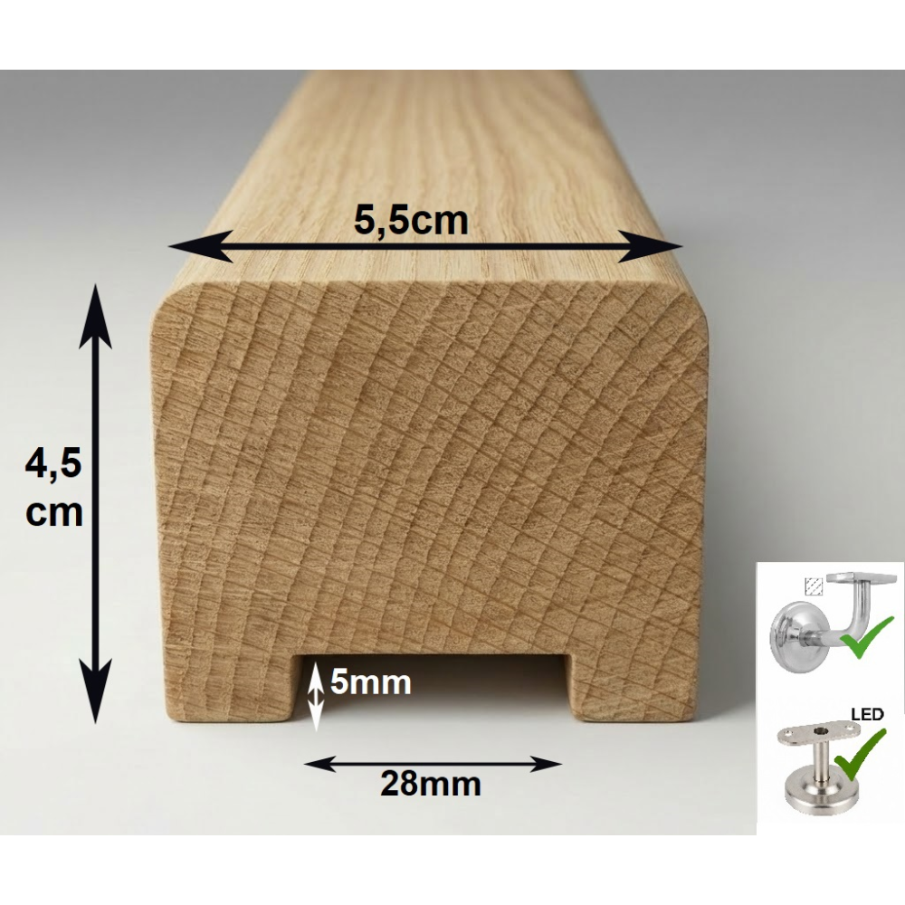 Drevené madlo zábradlia 5,5x4,5cm s drážkou 28x5mm č.22